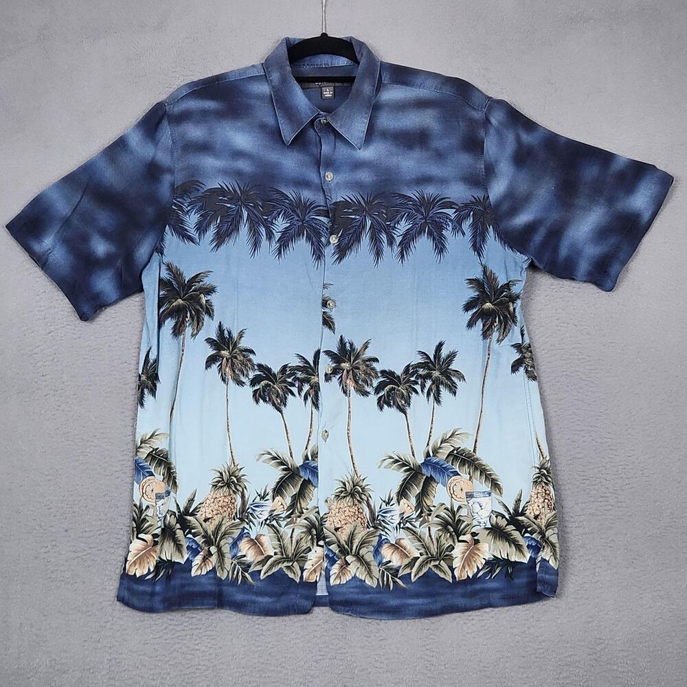 Croft & Barrow Shirt Mens Large Blue Palm Tree Tropical Hawaiian Rayon Vintage